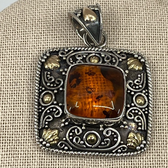 Rare Vintage BA Bali Suarti Amber Pendant Sterling Silver & 18K Gold - Picture 6 of 16